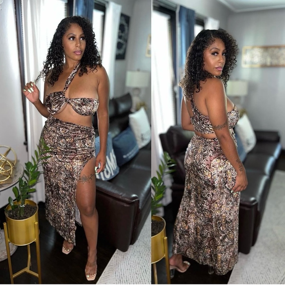 Elegant Brown Patterned Skirt set